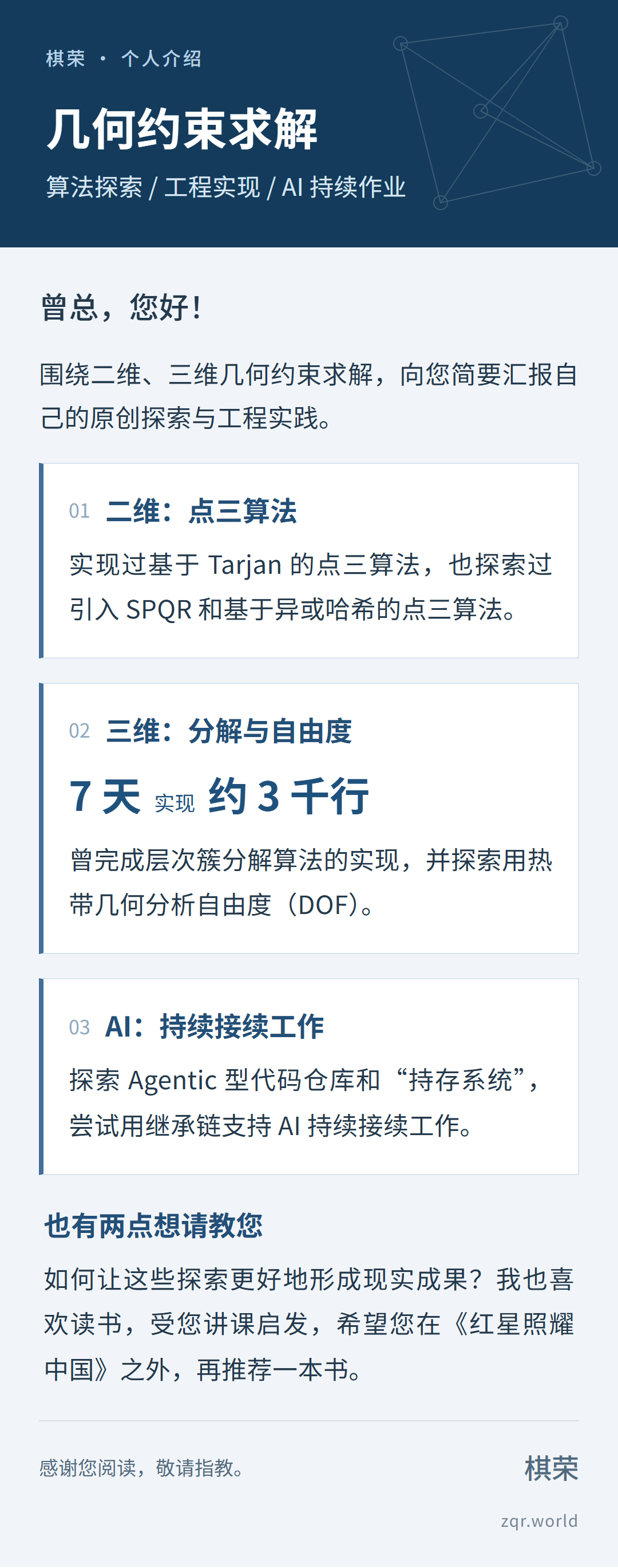 图片3:技术名片,以深蓝页首和三块卡片介绍点三算法、层次簇分解与AI持续作业,右下角标注zqr.world